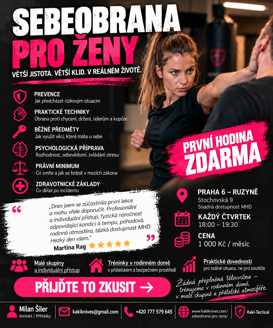 Leták Sebeobrana pro ženy – Praha 6 Ruzyně, každý čtvrtek 18:00–19:30, první hodina zdarma